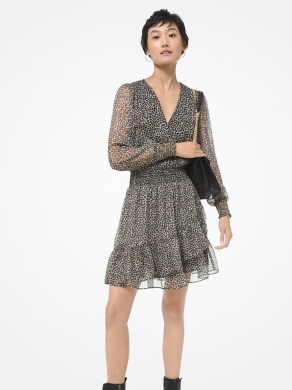 Michael Kors Metallic Leopard Crinkled Sheer Ruffled Mini Wrap Dress | XL